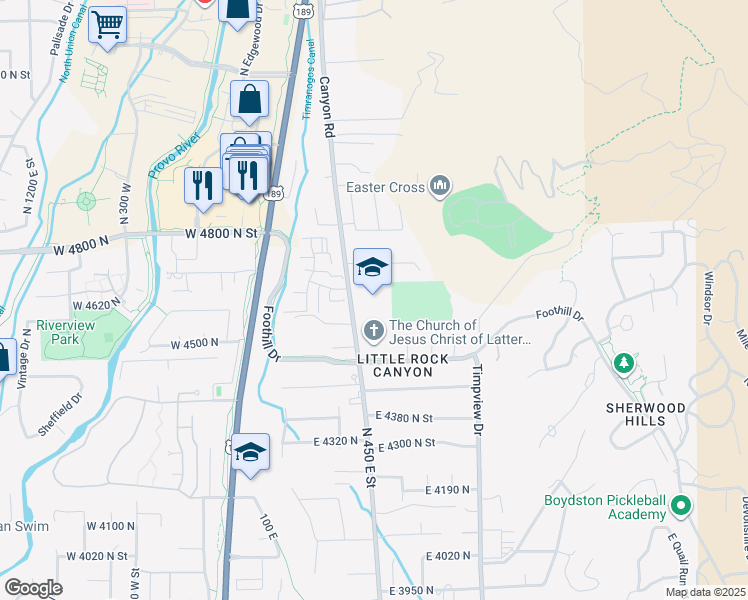 map of restaurants, bars, coffee shops, grocery stores, and more near 4664 North Canyon Road in Provo