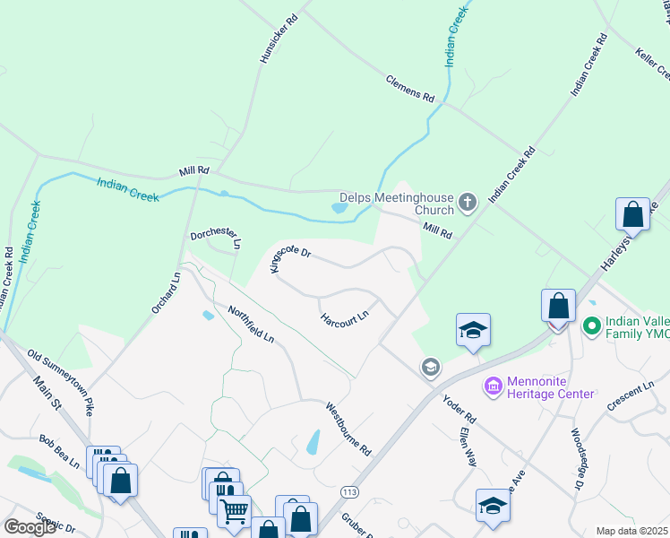 map of restaurants, bars, coffee shops, grocery stores, and more near 1054 Kingscote Drive in Harleysville
