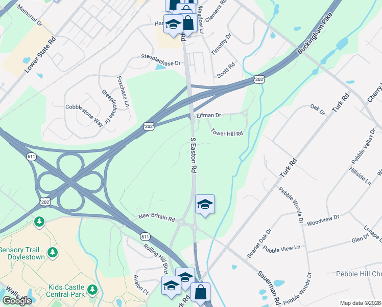 map of restaurants, bars, coffee shops, grocery stores, and more near 2128 South Easton Road in Doylestown