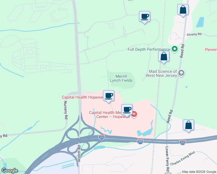 map of restaurants, bars, coffee shops, grocery stores, and more near 2500 Van Princis Lane in Pennington