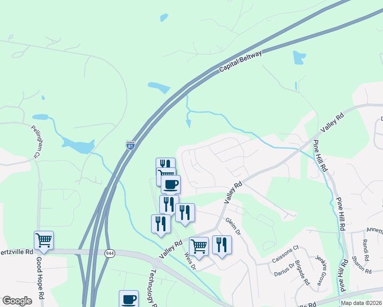 map of restaurants, bars, coffee shops, grocery stores, and more near 5505 Laurel Valley Lane in Enola