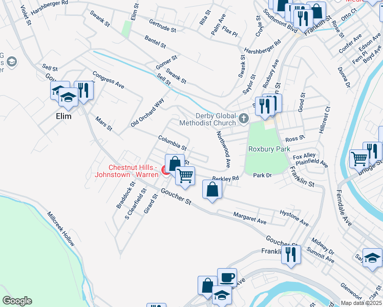map of restaurants, bars, coffee shops, grocery stores, and more near 225 Columbia Street in Johnstown