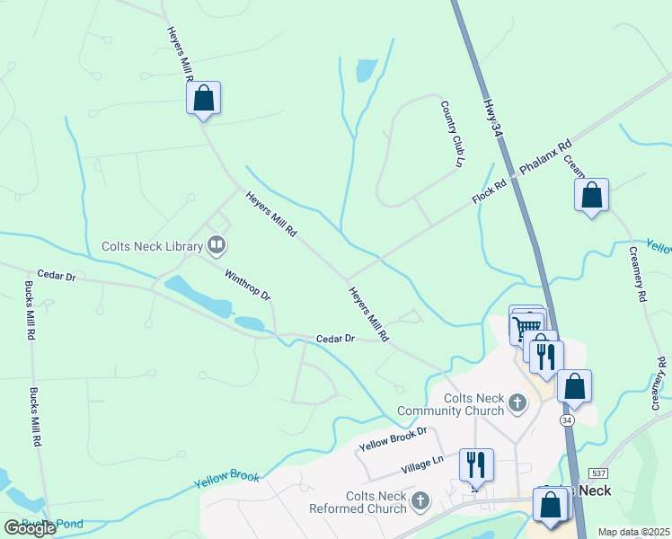 map of restaurants, bars, coffee shops, grocery stores, and more near 83 Heyers Mill Road in Colts Neck