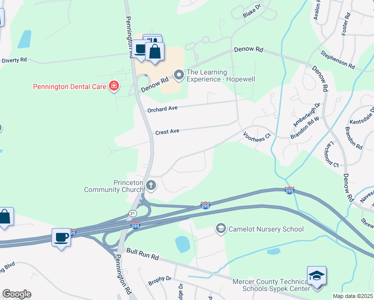 map of restaurants, bars, coffee shops, grocery stores, and more near 17 Brandon Road West in Pennington