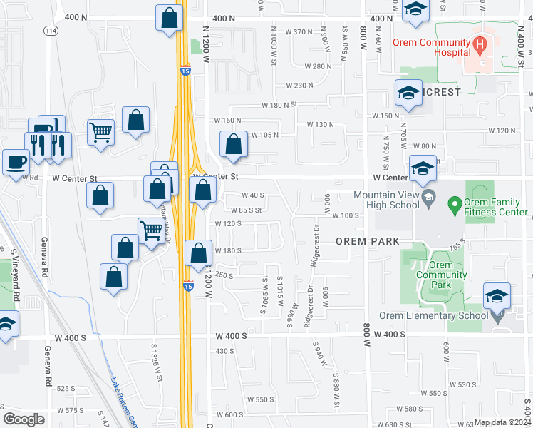 map of restaurants, bars, coffee shops, grocery stores, and more near 1045 West 85 South Street in Orem