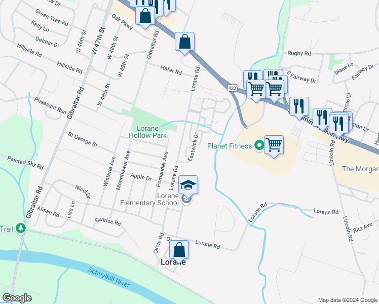 map of restaurants, bars, coffee shops, grocery stores, and more near 716 Eastwick Drive in Reading