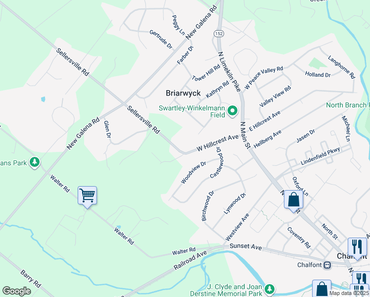 map of restaurants, bars, coffee shops, grocery stores, and more near 63 Sellersville Road in Chalfont