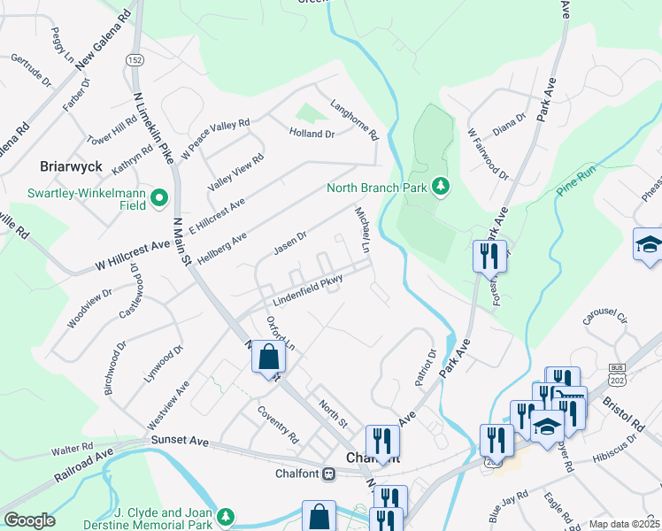 map of restaurants, bars, coffee shops, grocery stores, and more near 87 Sherri Drive in Chalfont