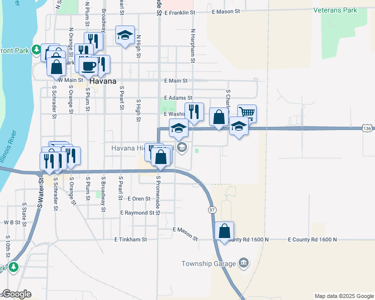 map of restaurants, bars, coffee shops, grocery stores, and more near 501 South McKinley Street in Havana