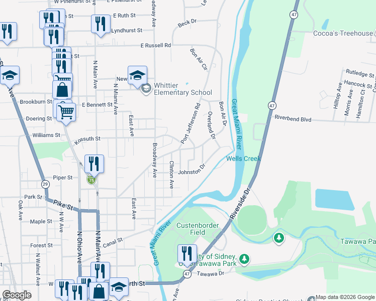 map of restaurants, bars, coffee shops, grocery stores, and more near 1100 Norwood Drive in Sidney