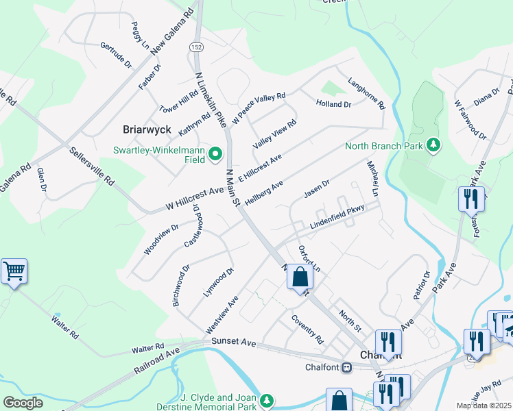 map of restaurants, bars, coffee shops, grocery stores, and more near 10 Hellberg Avenue in Chalfont
