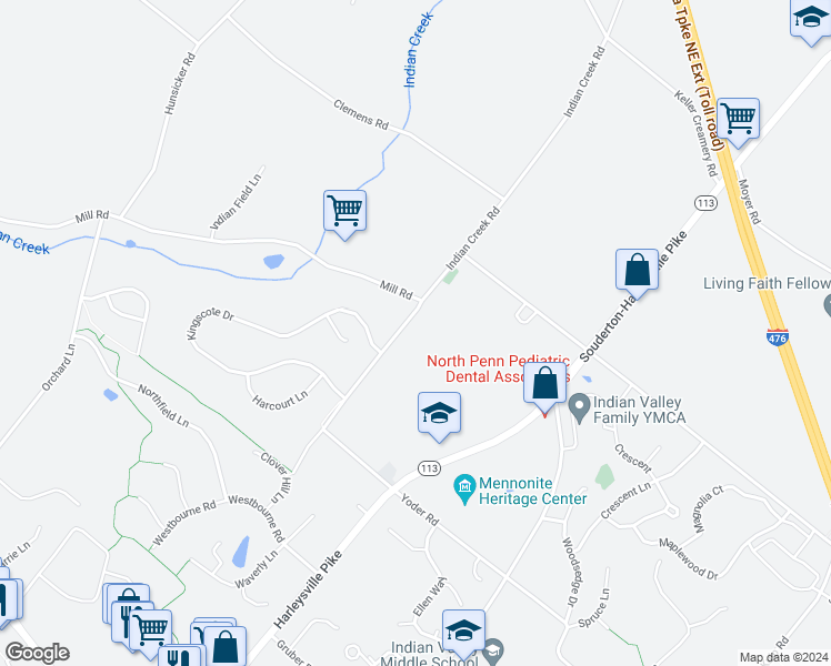 map of restaurants, bars, coffee shops, grocery stores, and more near 844 Indian Creek Road in Harleysville