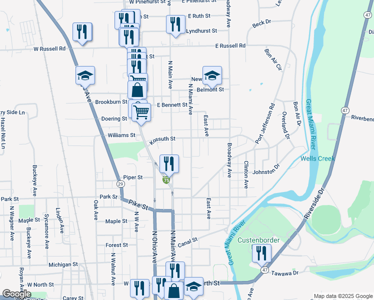 map of restaurants, bars, coffee shops, grocery stores, and more near 215 Kossuth Street in Sidney