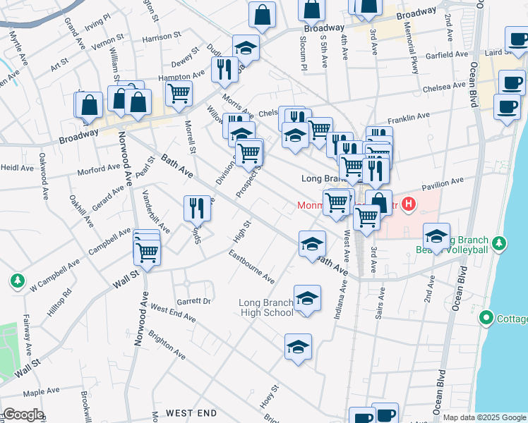 map of restaurants, bars, coffee shops, grocery stores, and more near 268 Ocean Avenue North in Long Branch