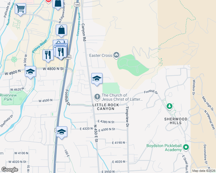 map of restaurants, bars, coffee shops, grocery stores, and more near 512 East 4750 North in Provo