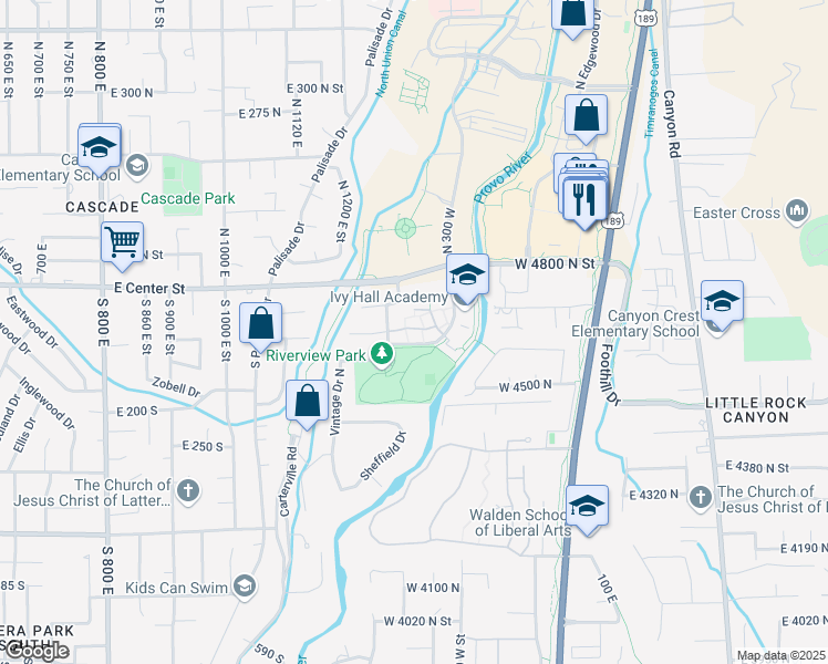 map of restaurants, bars, coffee shops, grocery stores, and more near 379 West 4650 North in Provo