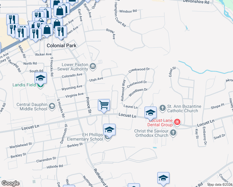 map of restaurants, bars, coffee shops, grocery stores, and more near 200 Ashwood Way in Harrisburg