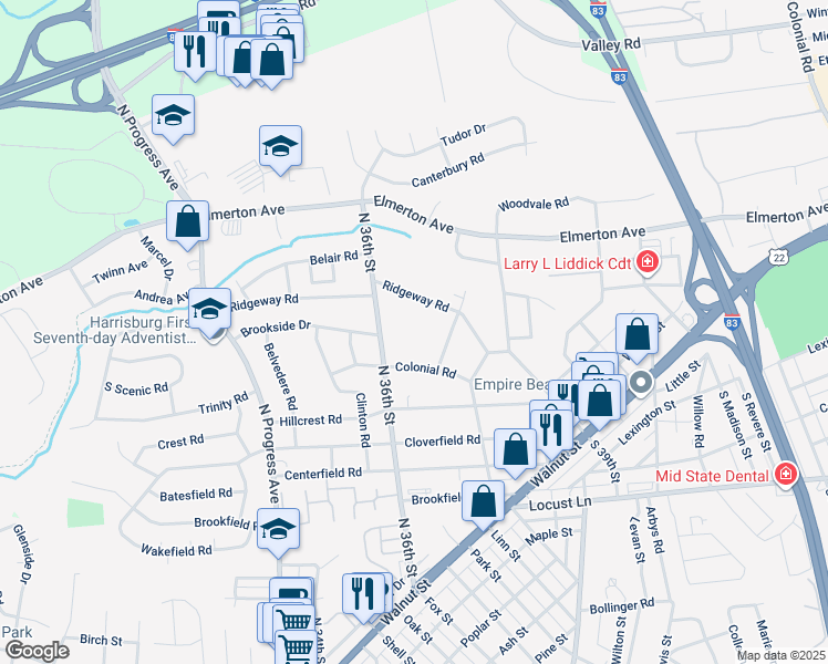 map of restaurants, bars, coffee shops, grocery stores, and more near 3621 Brookridge Terrace in Harrisburg