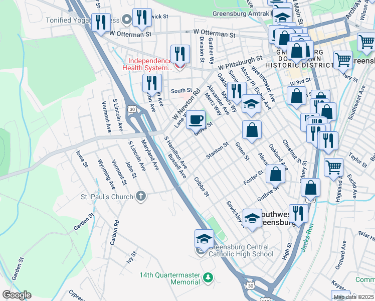 map of restaurants, bars, coffee shops, grocery stores, and more near 315 Hancock Avenue in Greensburg