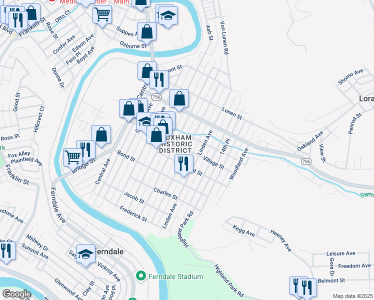 map of restaurants, bars, coffee shops, grocery stores, and more near 230 Village Street in Johnstown