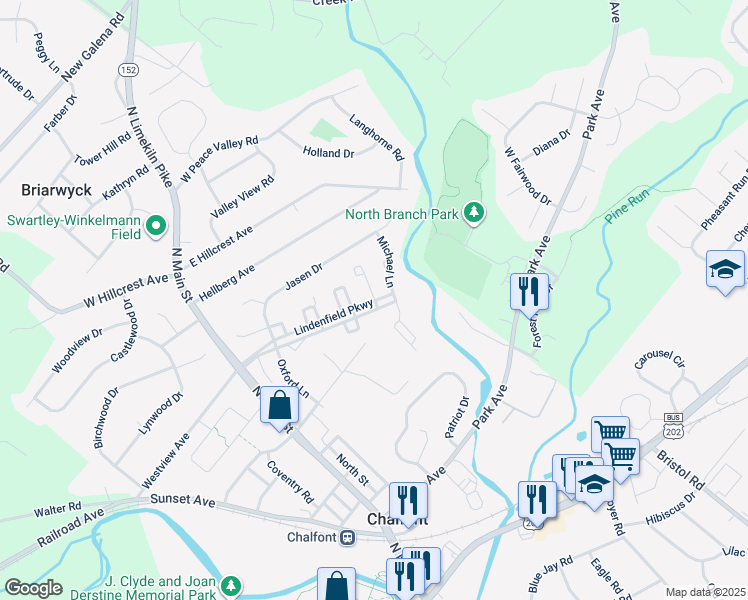 map of restaurants, bars, coffee shops, grocery stores, and more near 76 Megan Circle in Chalfont