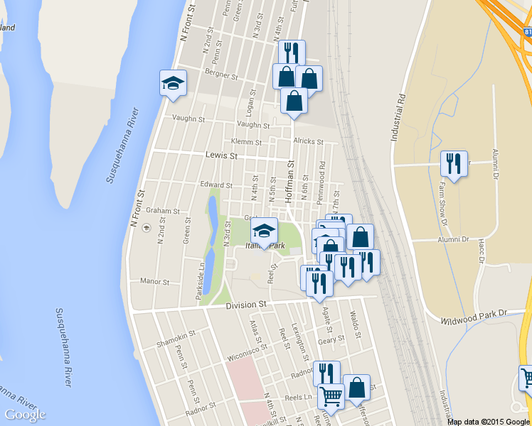 map of restaurants, bars, coffee shops, grocery stores, and more near 3006 North 5th Street in Harrisburg