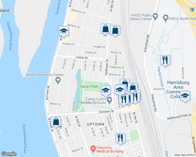 map of restaurants, bars, coffee shops, grocery stores, and more near 3006 North 5th Street in Harrisburg