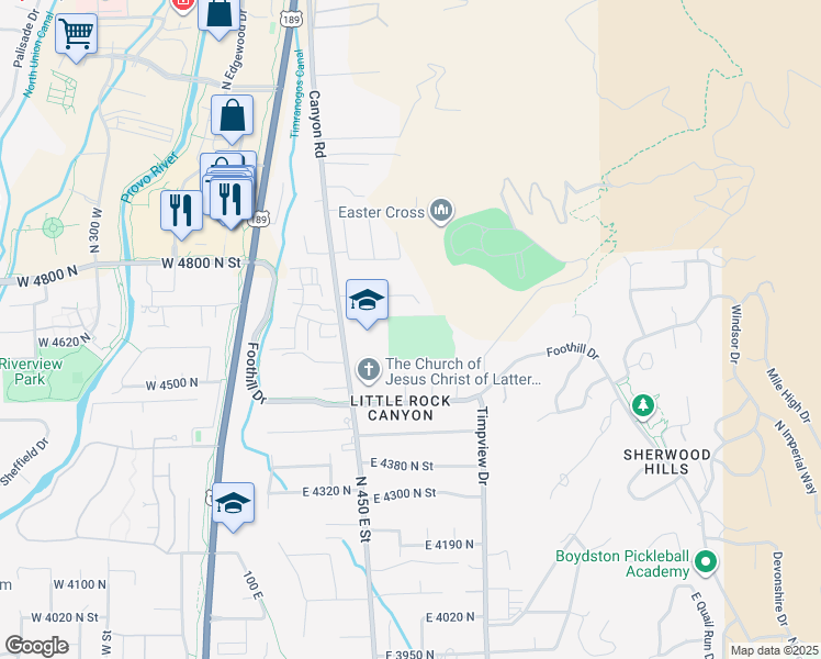 map of restaurants, bars, coffee shops, grocery stores, and more near 4664 North Canyon Road in Provo