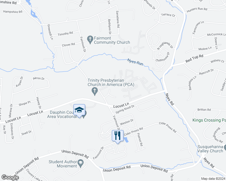 map of restaurants, bars, coffee shops, grocery stores, and more near 6107 Embers Lane in Harrisburg