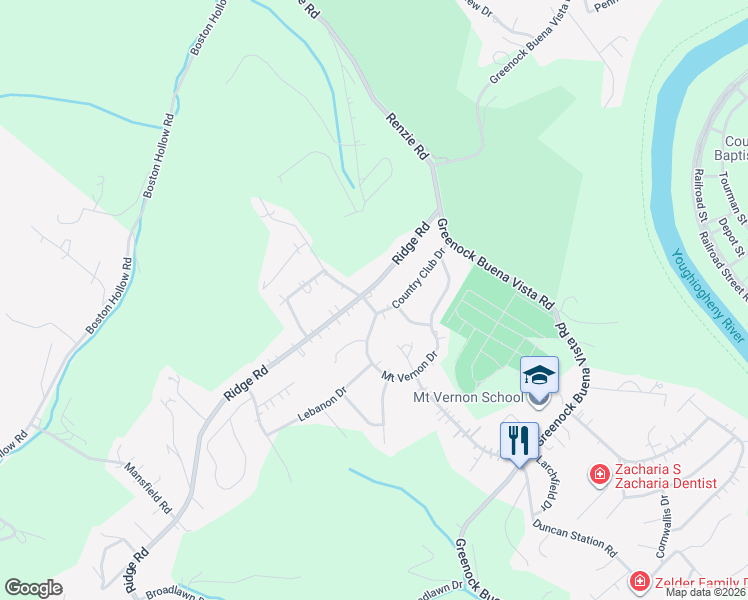 map of restaurants, bars, coffee shops, grocery stores, and more near 2050 Ridge Road in McKeesport