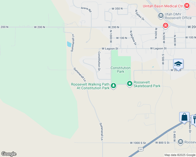 map of restaurants, bars, coffee shops, grocery stores, and more near 1135 West Park Ridge Drive in Roosevelt