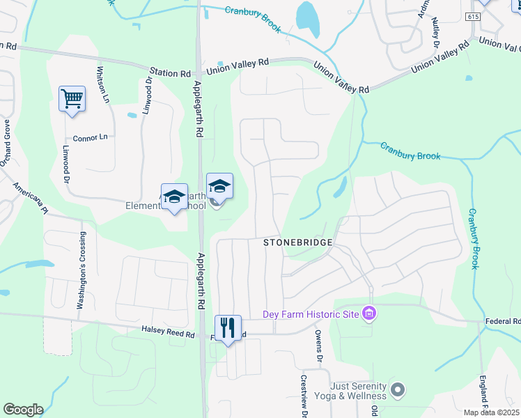 map of restaurants, bars, coffee shops, grocery stores, and more near 40 Drawbridge Drive in Monroe Township