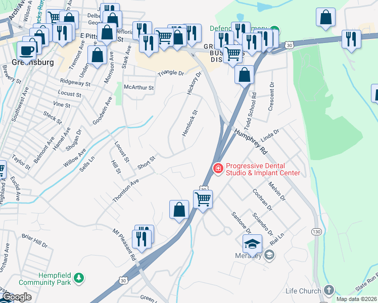 map of restaurants, bars, coffee shops, grocery stores, and more near 744 Jeffrey Street in Greensburg