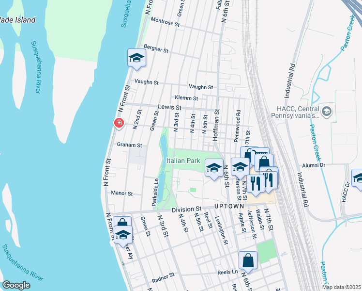 map of restaurants, bars, coffee shops, grocery stores, and more near 300 Graham Street in Harrisburg