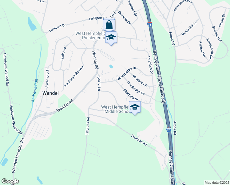 map of restaurants, bars, coffee shops, grocery stores, and more near 111 Sheffield Drive in Irwin