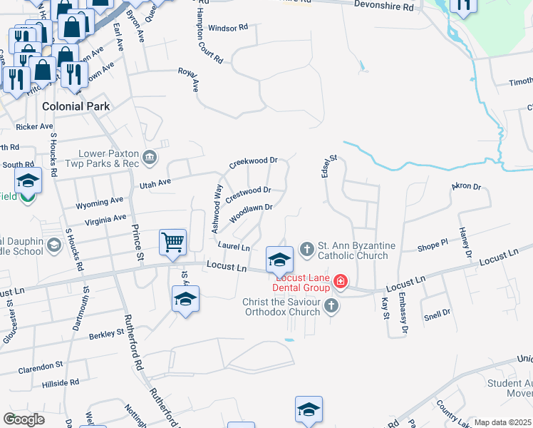 map of restaurants, bars, coffee shops, grocery stores, and more near 137 Hollywood Drive in Harrisburg