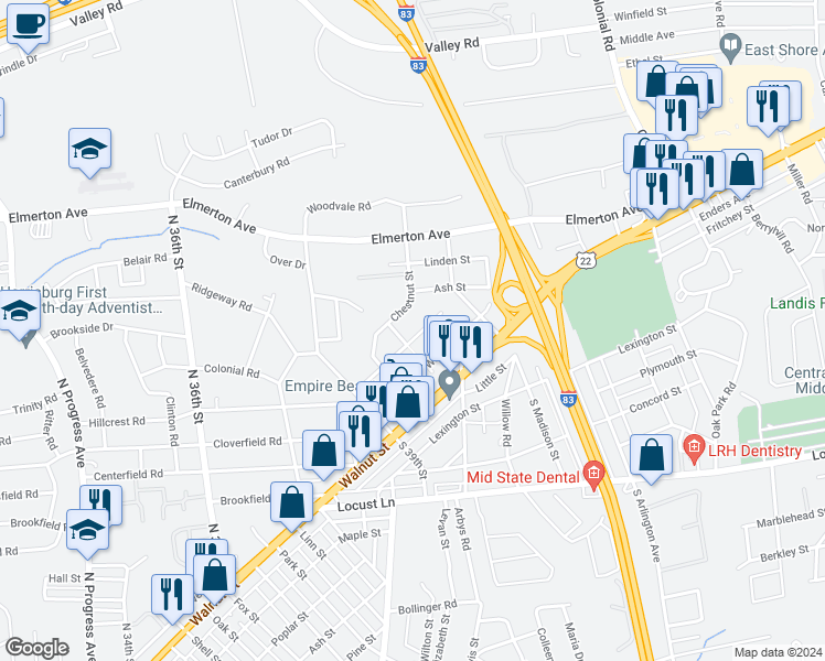 map of restaurants, bars, coffee shops, grocery stores, and more near 3968 Rauch Street in Harrisburg