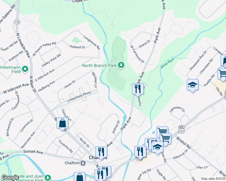 map of restaurants, bars, coffee shops, grocery stores, and more near 103 Bridgewater Court in Chalfont