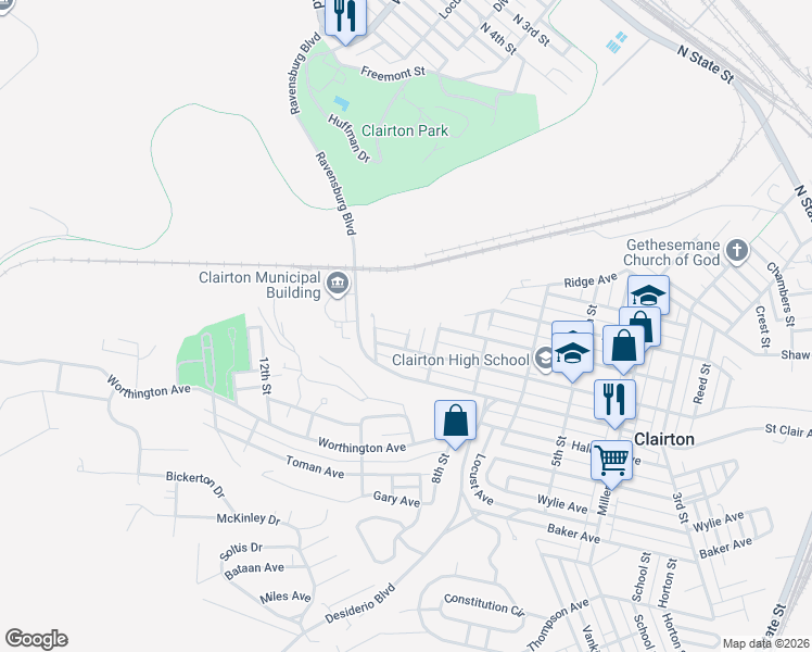 map of restaurants, bars, coffee shops, grocery stores, and more near 533 9th Street in Clairton
