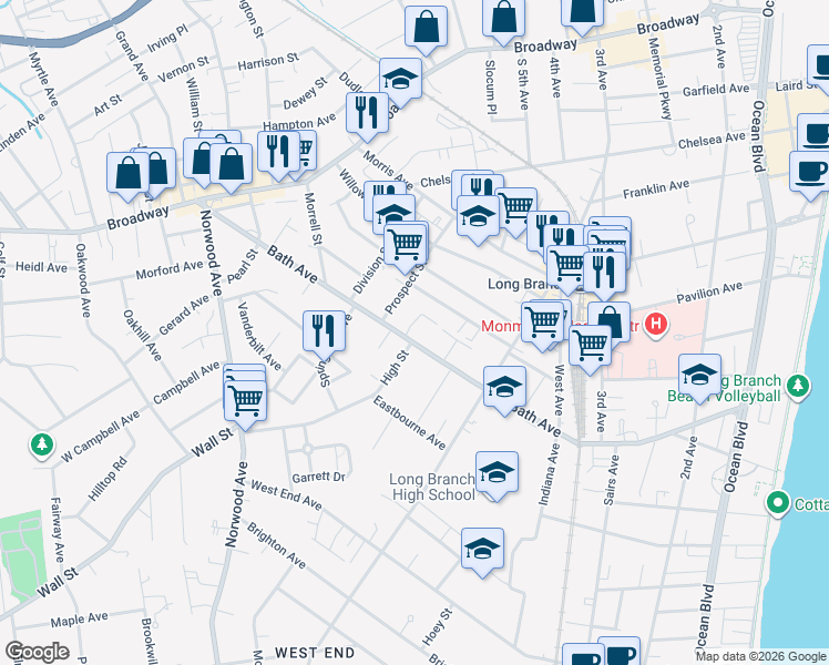 map of restaurants, bars, coffee shops, grocery stores, and more near 355 Bath Avenue in Long Branch