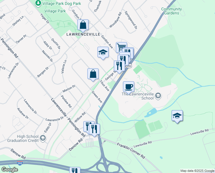 map of restaurants, bars, coffee shops, grocery stores, and more near 16 Titus Avenue in Lawrence Township