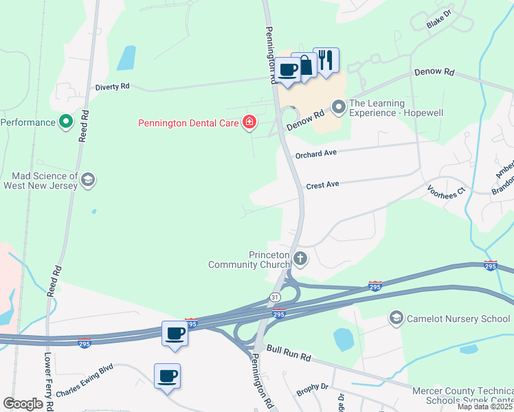 map of restaurants, bars, coffee shops, grocery stores, and more near 2377 Pennington Road in Pennington