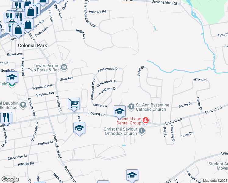 map of restaurants, bars, coffee shops, grocery stores, and more near 137 Hollywood Drive in Harrisburg
