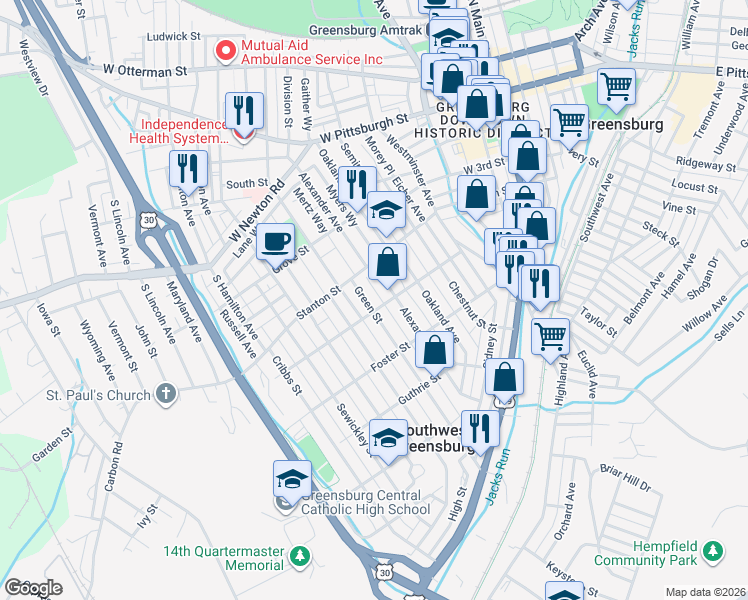map of restaurants, bars, coffee shops, grocery stores, and more near 419 Green Street in Greensburg