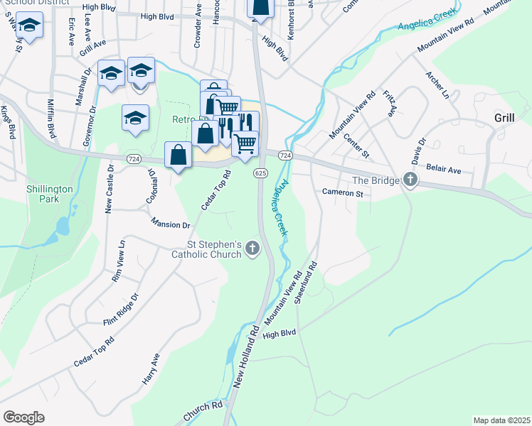 map of restaurants, bars, coffee shops, grocery stores, and more near 2152 New Holland Road in Reading