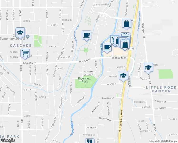 map of restaurants, bars, coffee shops, grocery stores, and more near 357 West 4650 North in Provo