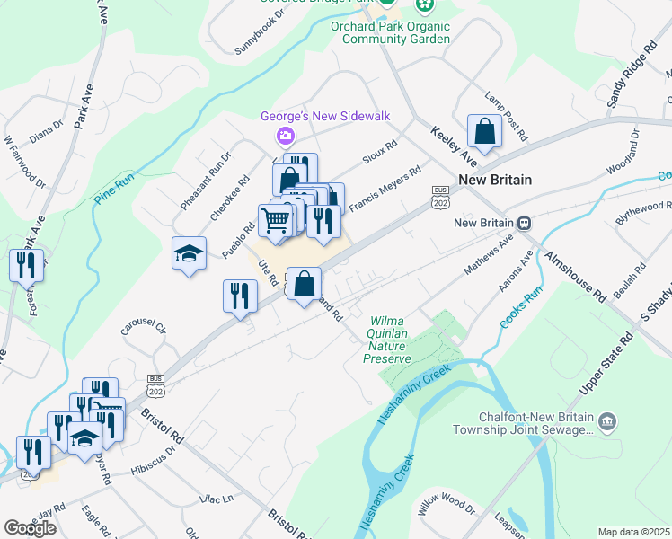 map of restaurants, bars, coffee shops, grocery stores, and more near 210 West Butler Avenue in New Britain