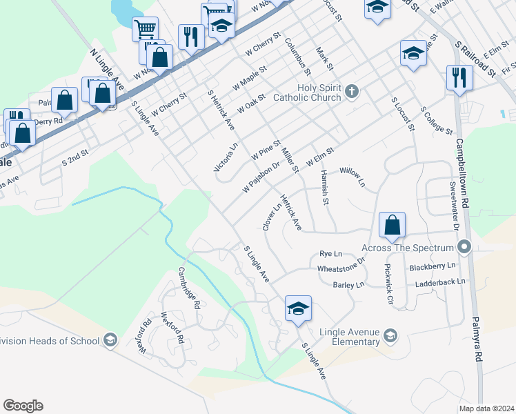 map of restaurants, bars, coffee shops, grocery stores, and more near 818 West Elm Street in Palmyra