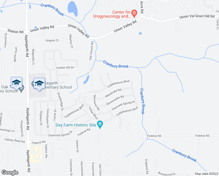 map of restaurants, bars, coffee shops, grocery stores, and more near 70 Cobblestone Boulevard in Monroe Township