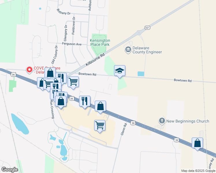 map of restaurants, bars, coffee shops, grocery stores, and more near 1338-1756 Bowtown Road in Delaware